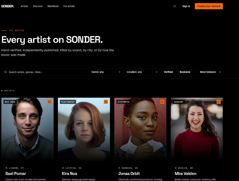 Pagina artista Sonder — Profilo Rune Akari nel formato setcard