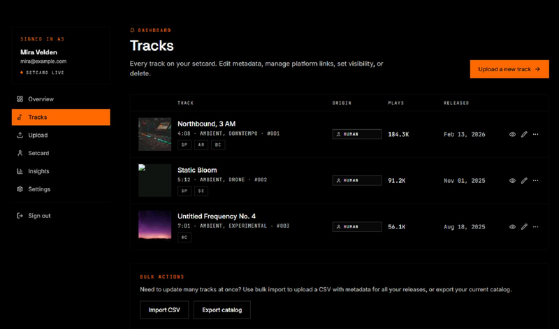 Dashboard Sonder — Gestione tracce con editor di metadati