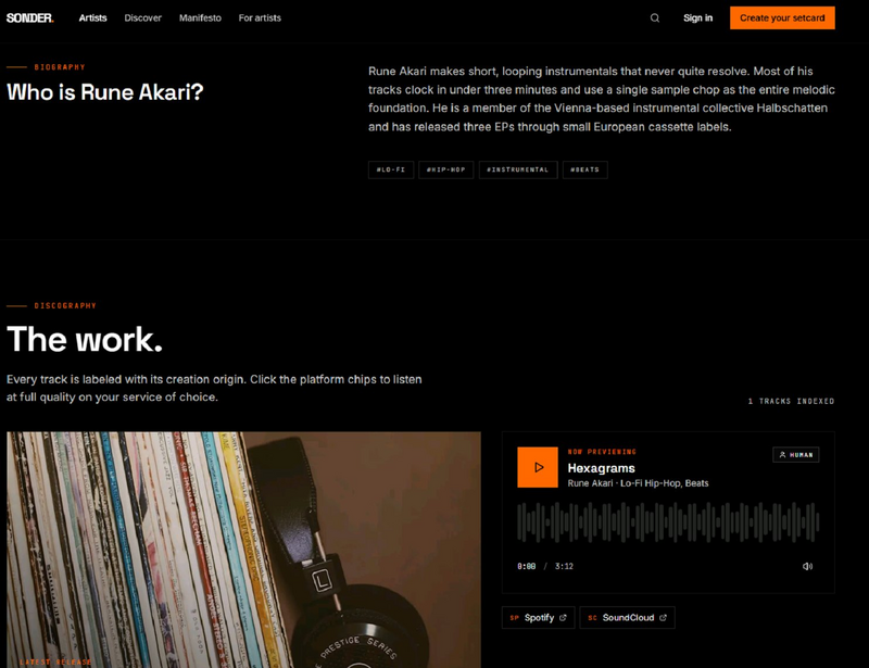 Setcard Sonder — Dati essenziali artista, genere e link streaming